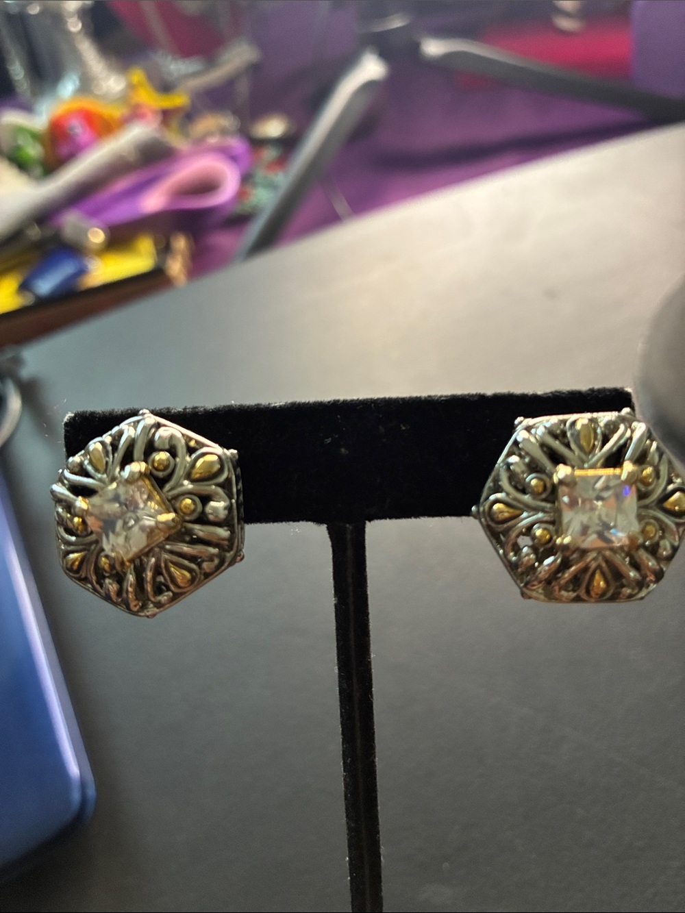 Silver-Tone Floral Filigree Stud Earrings with Clear Crystal Center